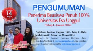 Pengumuman Penerima Beasiswa Penuh 100% Universitas Esa Unggul – Tahap 1 Th. 2014,