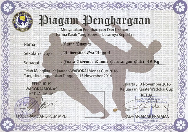 Piagam 1 UKM Karate Universitas Esa Unggul 