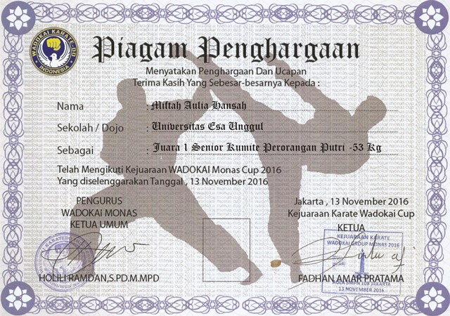 Piagam 2 UKM Karate Universitas Esa Unggul 