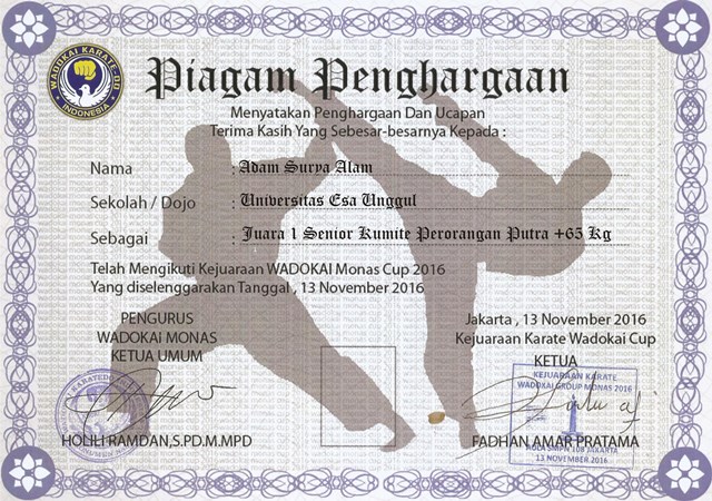 Piagam 3  UKM Karate Universitas Esa Unggul 