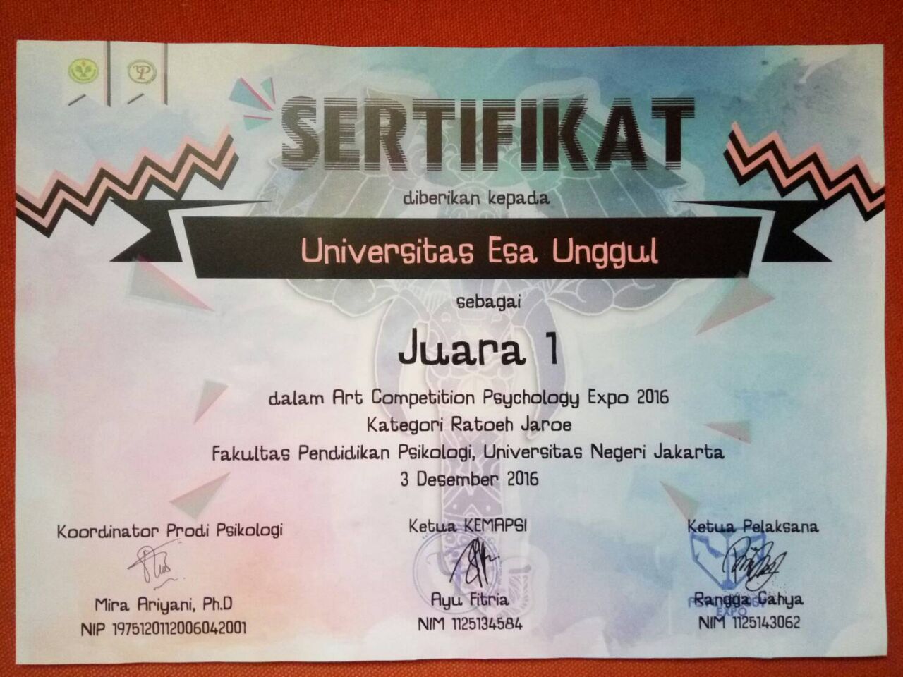 Sertifikat Juara 1 Kompetisi Ratoeh Jaroe