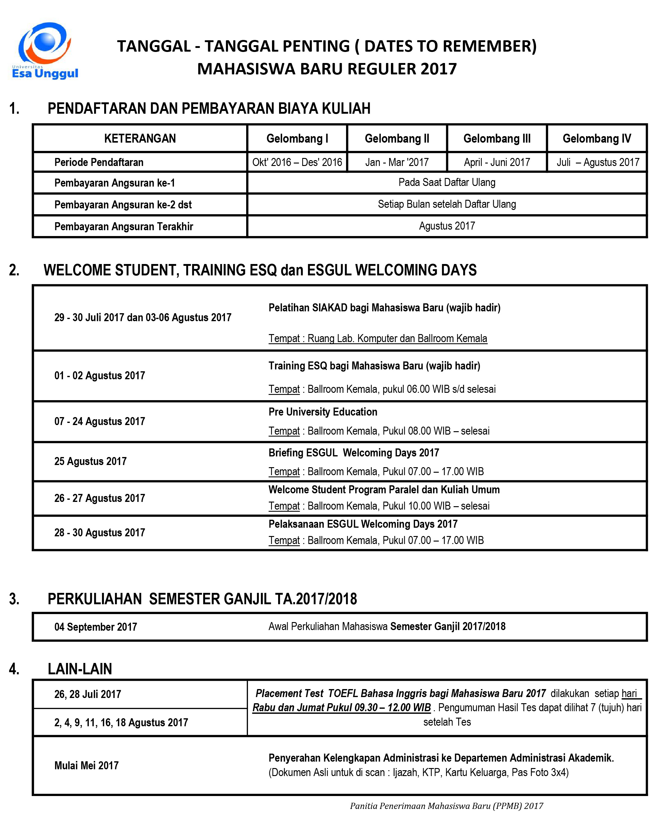 Jadwal Kegiatan Mahasiswa Baru dan TEST TOEFL Kelas Reguler 2017