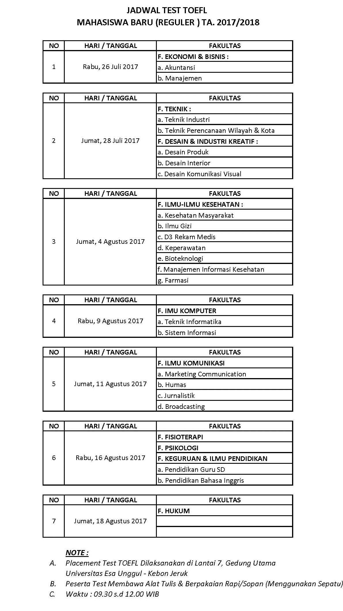 JADWAL TEST TOEFL PROGRAM REGULER UNIVERSITAS ESA UNGGUL 2017