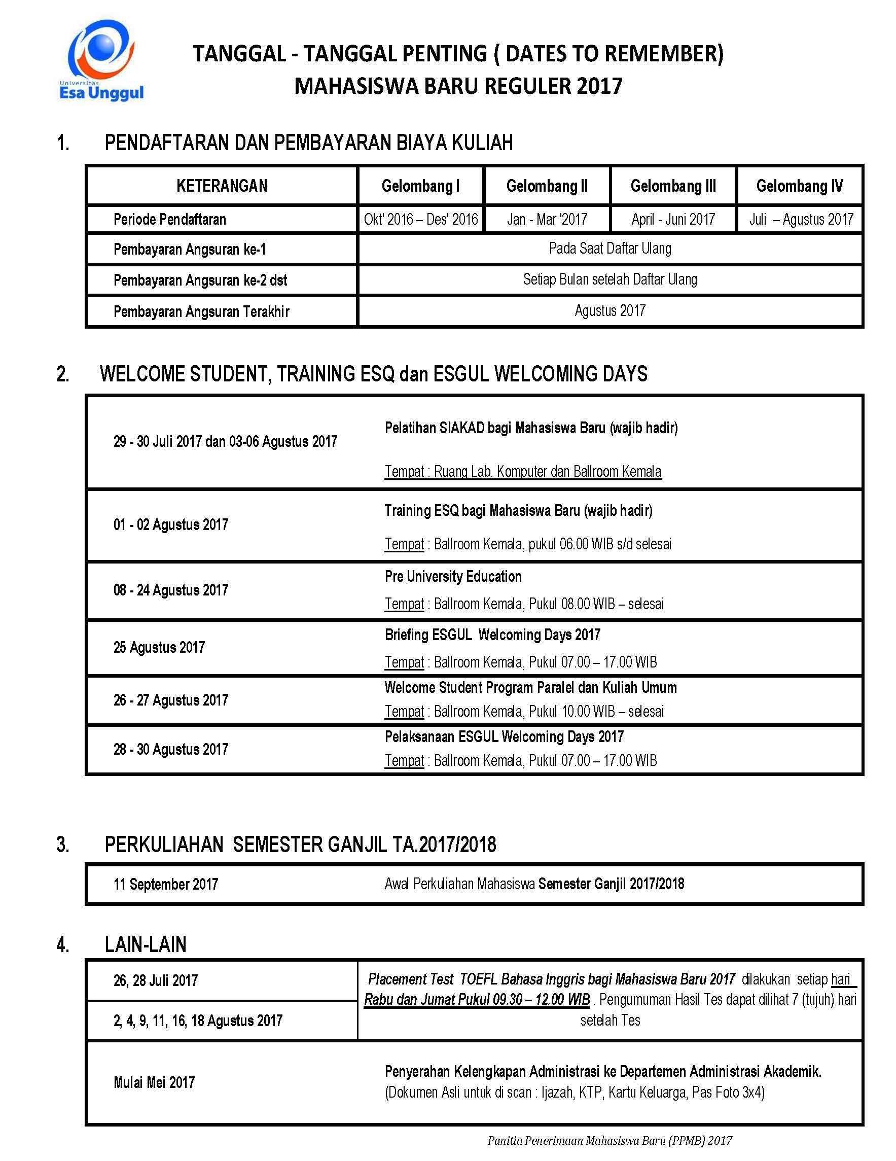 Jadwal Kegiatan Mahasiswa Baru dan TEST TOEFL Kelas Reguler 2017
