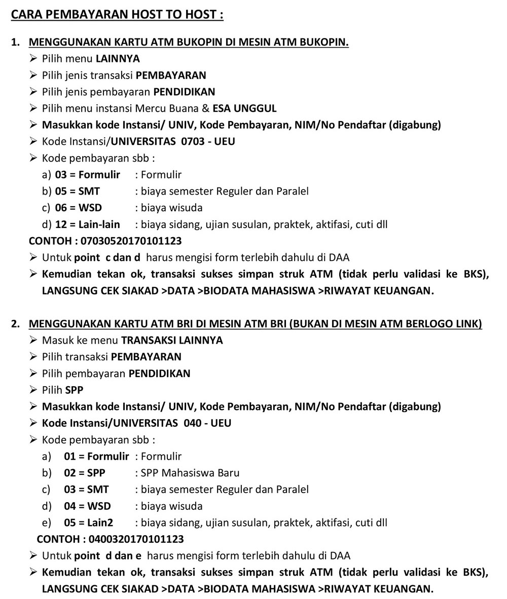 Tata Cara Pembayaran Host To Host Universitas Esa Unggul