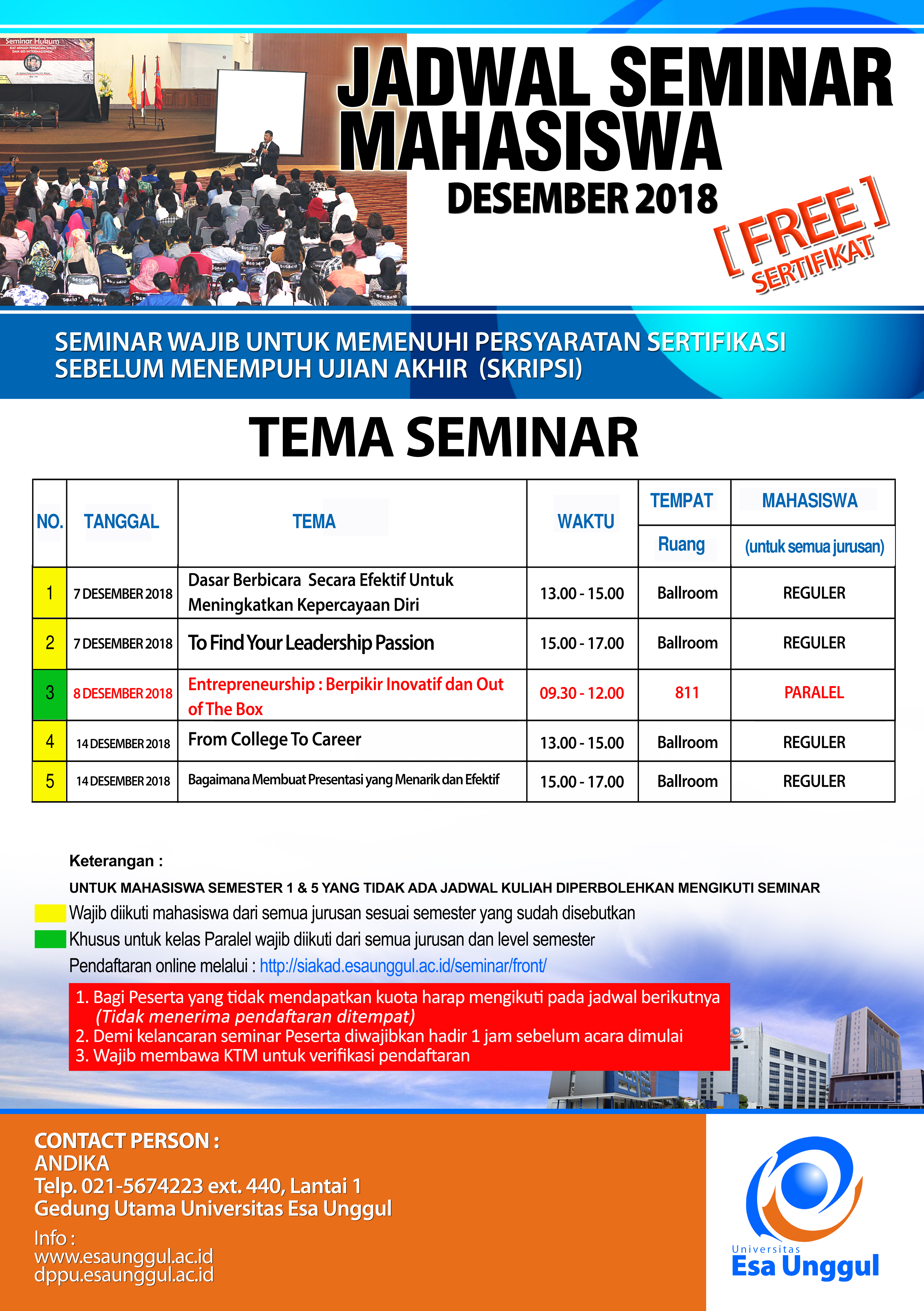 Jadwal Seminar Bulan Maret Mahasiswa Universitas Esa Unggul 2019