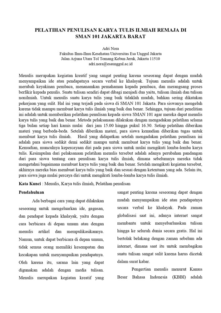 Pelatihan Penulisan Karya Tulis Ilmiah Remaja Di Sman 101 Jakarta Barat Universitas Esa Unggul