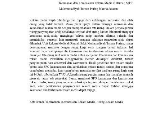 Tinjauan Tata Ruang Unit Rekam Medis untuk Menjamin Keamanan dan Kerahasiaan Rekam Medis di Rumah Sakit Muhammadiyah Taman Puring Jakarta Selatan