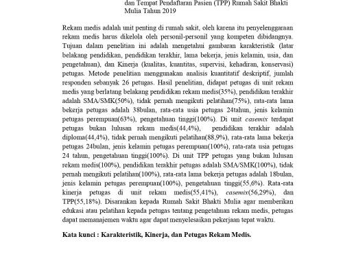 Tinjauan Kinerja Petugas di Unit Rekam Medis, Casemix, dan Tempat Pendaftaran Pasien (TPP) Rumah Sakit Bhakti Mulia Tahun 2019