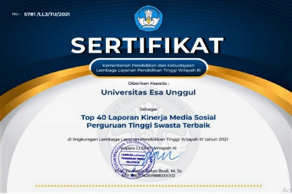 Universitas Esa Unggul Raih Top 40 Laporan Kinerja Media Sosial Perguruan Tinggi Swasta Terbaik 2021